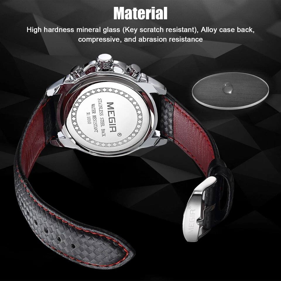 Material  
High hardness mineral glass (Key scratch resistant), Alloy case back, compressive, and abrasion resistance  

STAINLESS STEEL BACK  
WATER RESISTANT  
MEGIR  
MA-1000