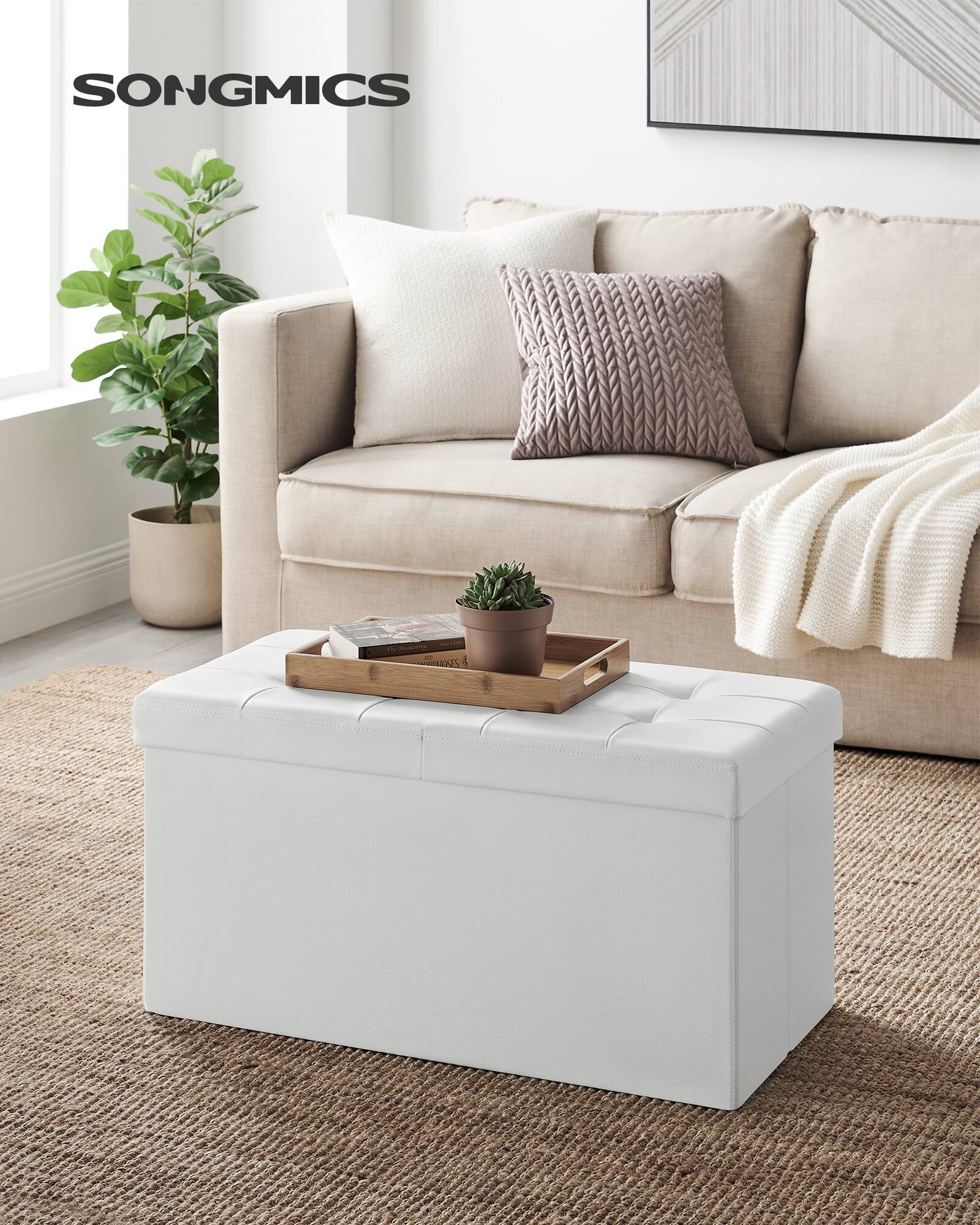 Angle. Songmics Home - 30 Inches Folding Storage Ottoman Bench with Flipping Lid, Storage Chest Footstool, Faux Leather - White.