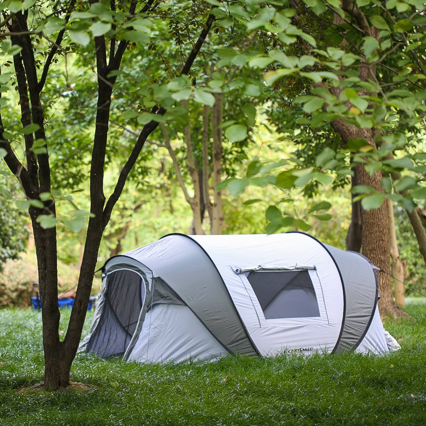 Left. Tiramisubest - 4-6 Person Pop-Up Camping Tent with Quick Setup, Spacious Interior & Enhanced Ventilation - White|gray.