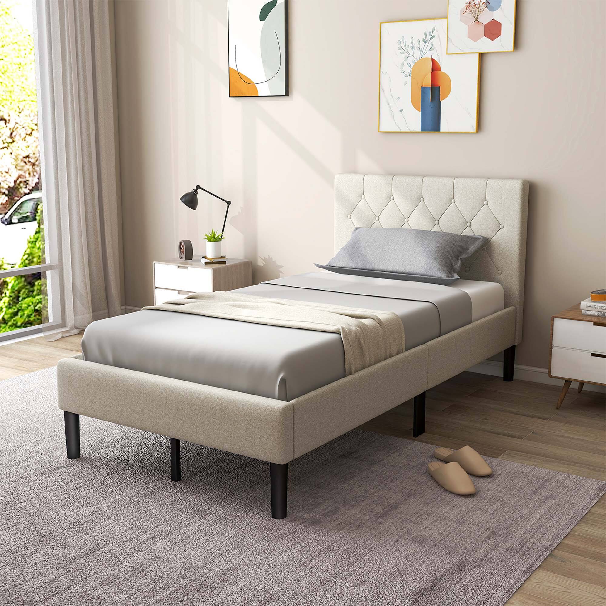 Alt View 1. Costway - Costway Upholstered Platform Bed Twin Size Button Tufted Headboard Wooden Slats Support - Beige.