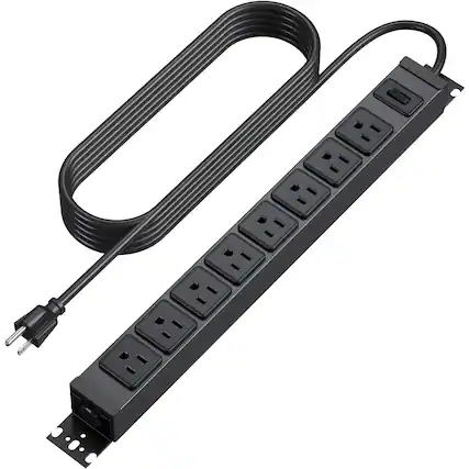 Front. Dazzed Corner - 8 Outlet Power Strip, Wall Mount Metal Industrial Power Strip - Black.
