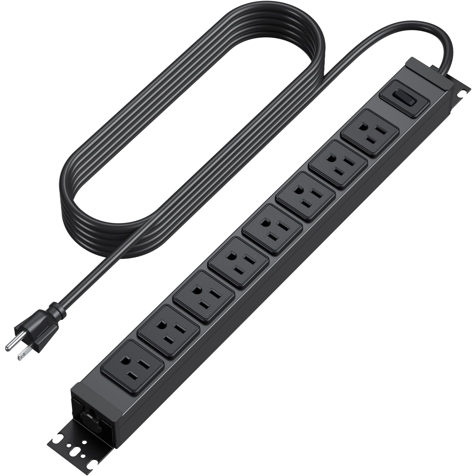 Front. Dazzed Corner - 8 Outlet Power Strip, Wall Mount Metal Industrial Power Strip - Black.