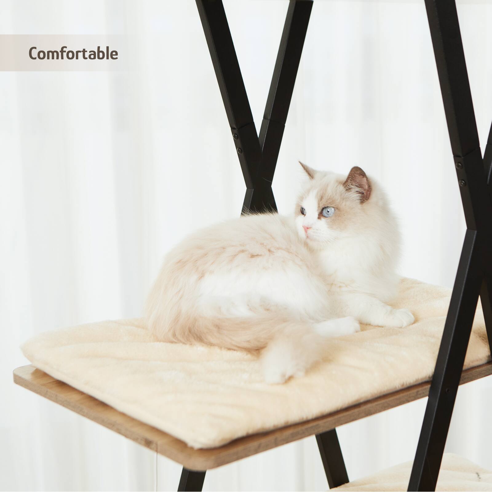 Alt View 4. JUJABU - 73" Greige Wooden Cat Tower - Multi-Level Cat Tree with Scratching Posts, Caves, Large Perch & Removable Pads.
