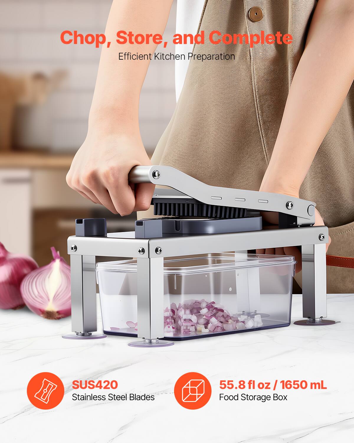 Chop, Store, and Complete  
Efficient Kitchen Preparation  

SUS420 Stainless Steel Blades  

55.8 fl oz / 1650 mL Food Storage Box