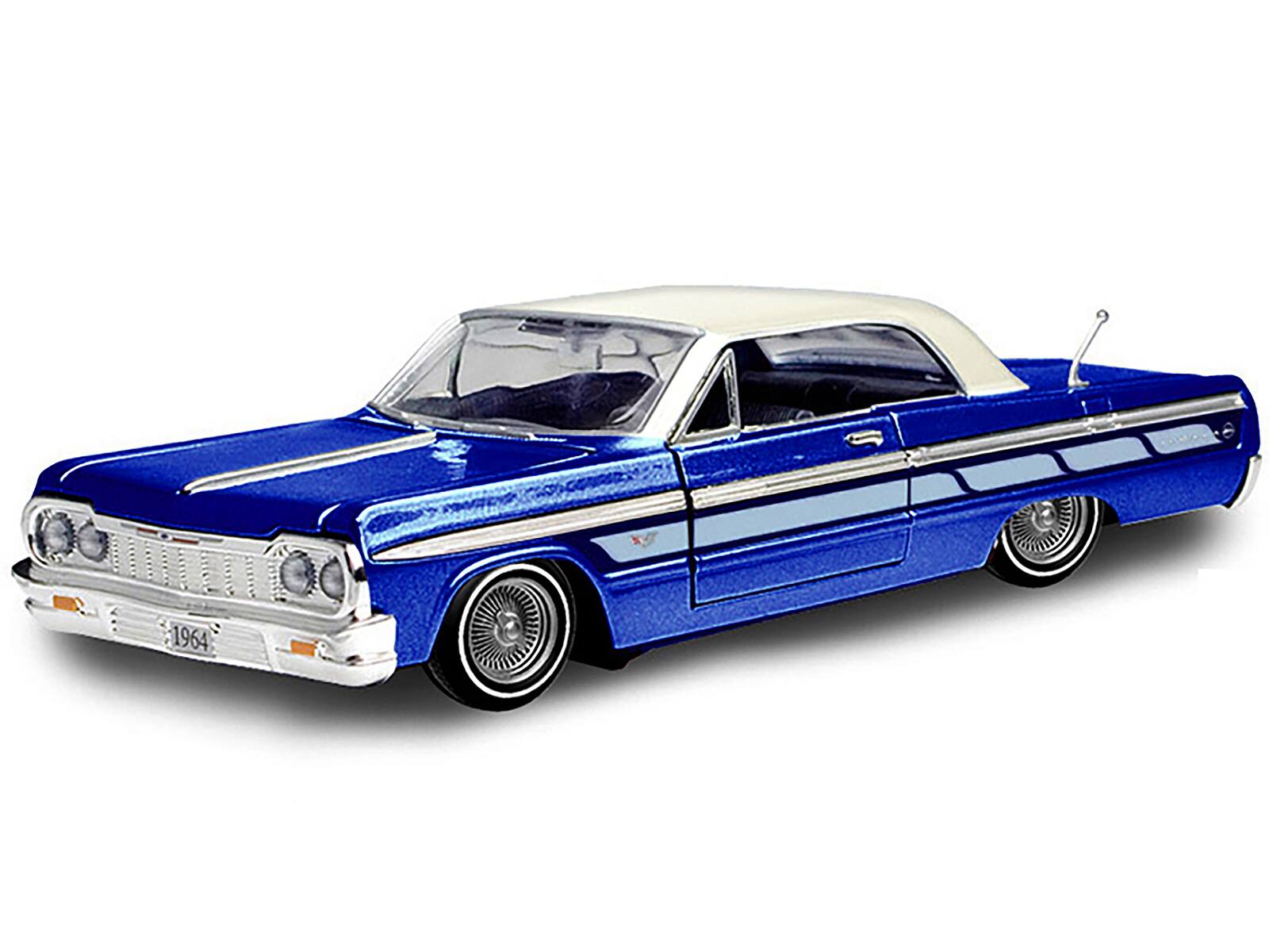Angle. Motormax - 1964 Chevrolet Impala Lowrider Hard Top Candy Blue Metallic with Cream Top "Get Low" Series 1/24 - Blue Metallic With Cream Top.