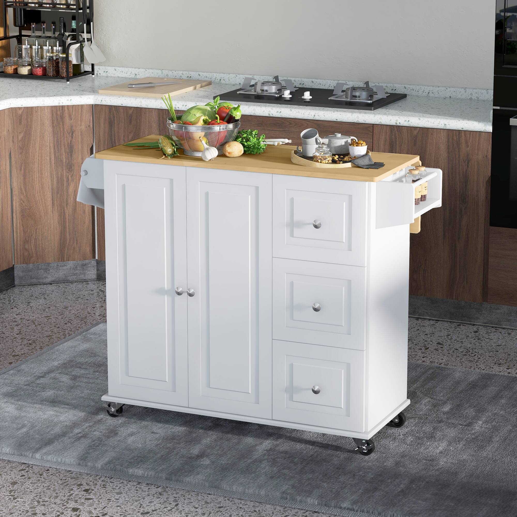 Alt View 1. Homcom - Drop Leaf Kitchen Island on Wheels, Rolling Kitchen Cart with Cabinet, 3 Drawers, Wooden Top, Towel Rack and Spice Rack - White.
