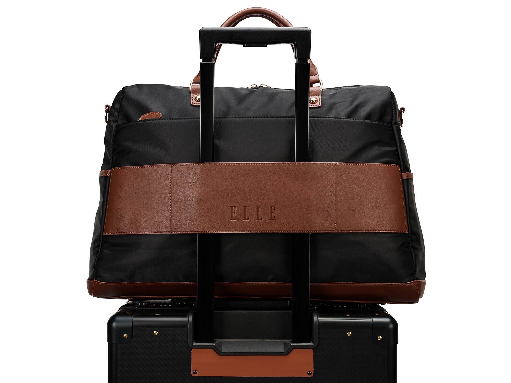 Angle. Elle - ELLE Luxe Journey 30L Twill and Vegan Leather Weekender Duffel Bag | Black - Black.