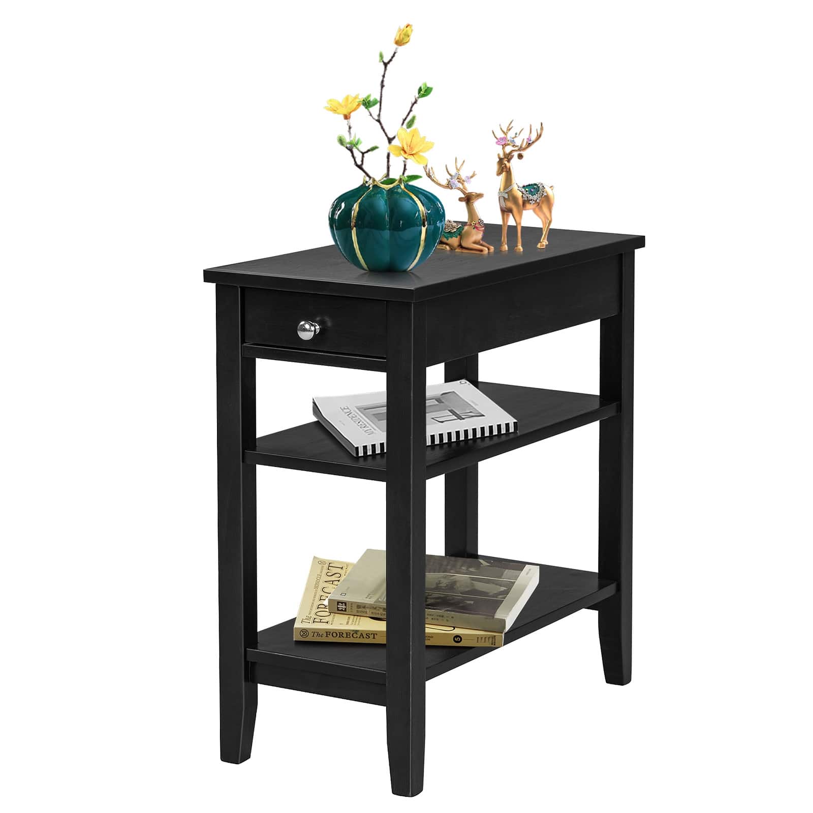 Ecooso - Side End Table with Drawer and 2-Tier Storage Shelves, Space-Saving Beside Table for Bedroom - Black