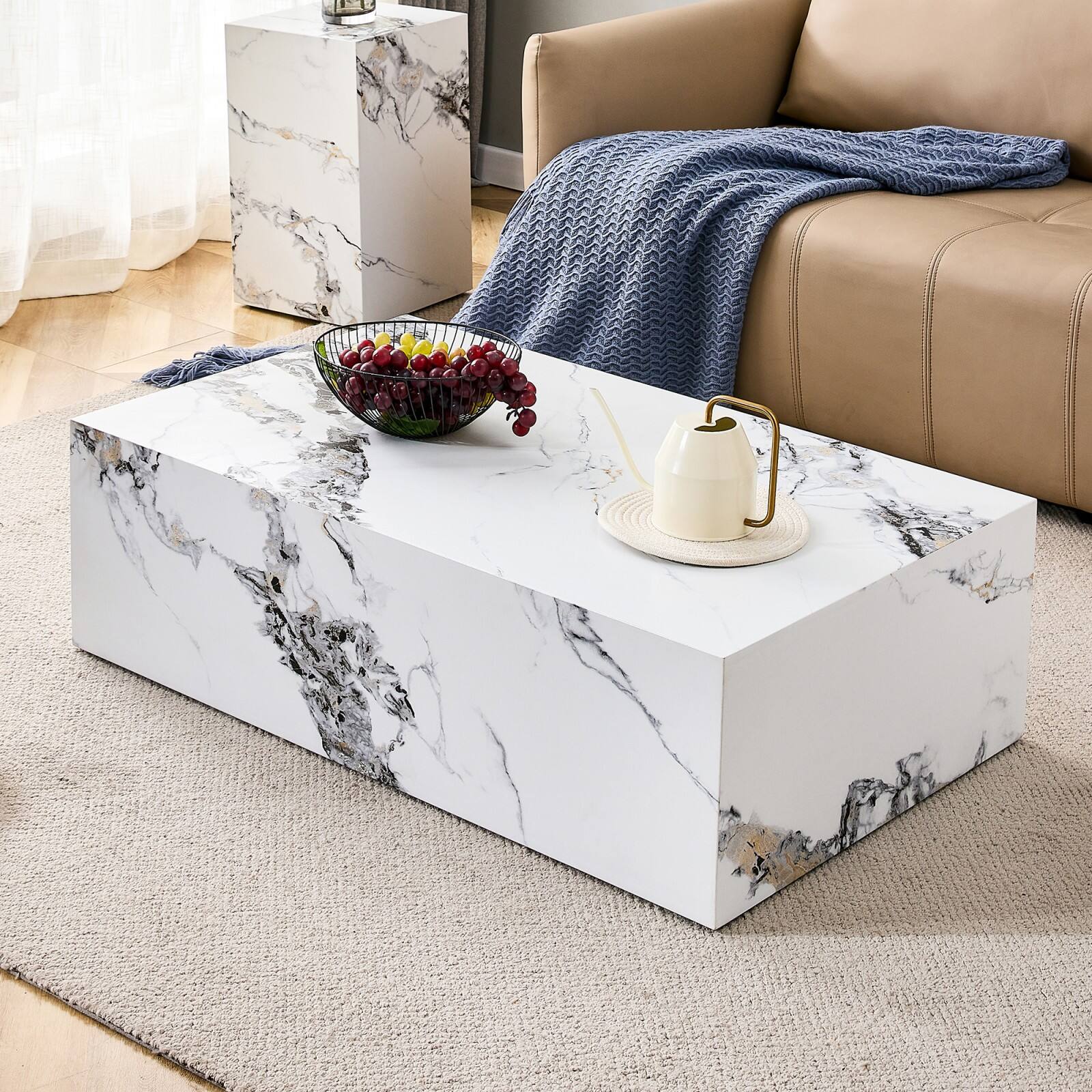 Alt View 7. Ecooso - Modern MDF Coffee Table with Marble Pattern - 39.37x23.62x11.81 inches - Stylish and Durable Design - White.