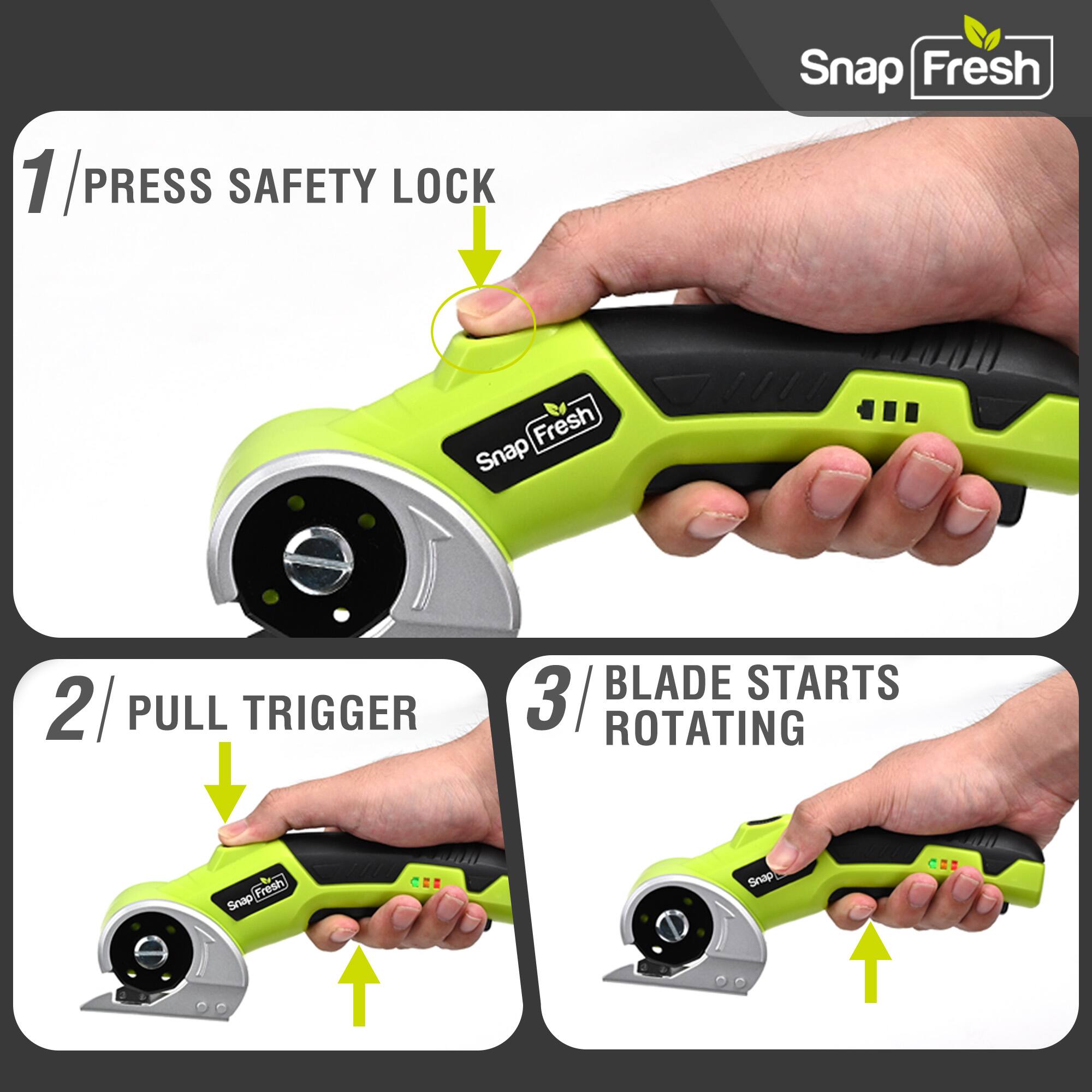 1. Press Safety Lock  
2. Pull Trigger  
3. Blade Starts Rotating