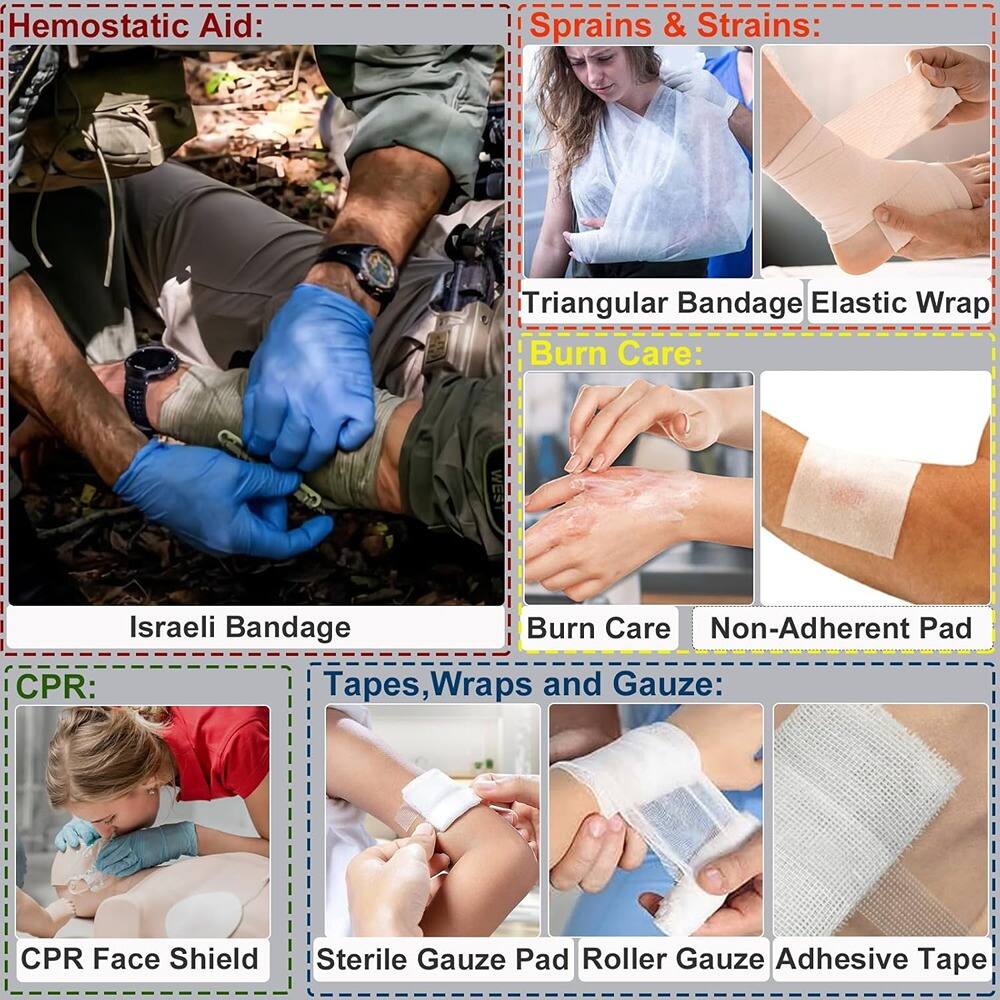 Hemostatic Aid:  
Israeli Bandage  

Sprains & Strains:  
Triangular Bandage  
Elastic Wrap  

Burn Care:  
Burn Care  
Non-Adherent Pad  

CPR:  
CPR Face Shield  

Tapes, Wraps and Gauze:  
Sterile Gauze Pad  
Roller Gauze  
Adhesive Tape