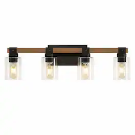 RYHNUYNE - 4-Light Antique Wood Vanity Light for Bathroom Mirror, Farmhouse Wall Sconce with Clear Glass Shades, Rustic Lighting