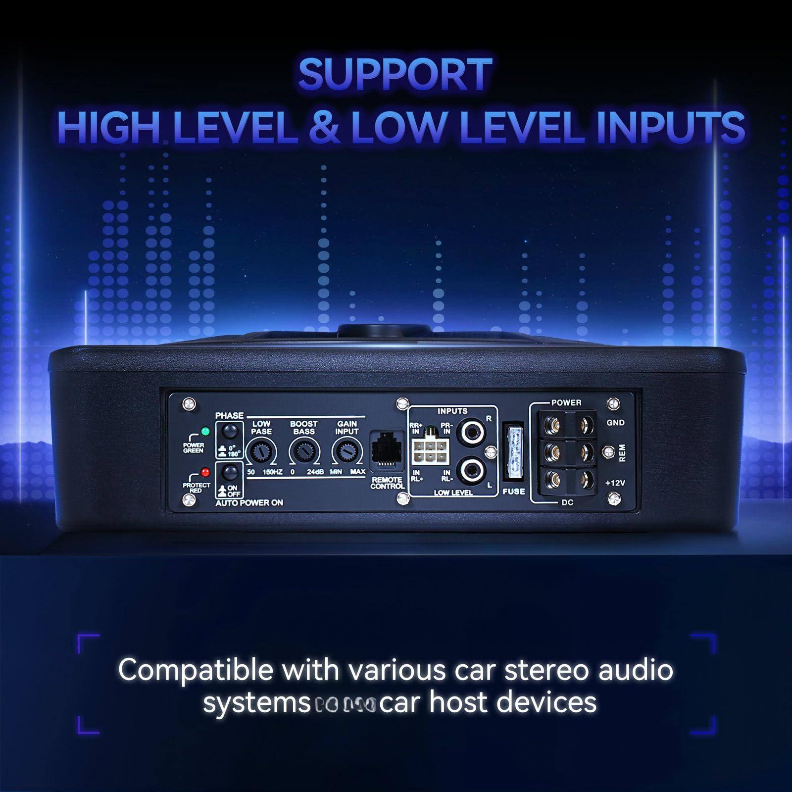 SUPPORT  
HIGH LEVEL & LOW LEVEL INPUTS  

PHASE  
LOW  
BOOST  
GAIN  
BASS  
INPUT  
CUT  
180  
180HZ  
260  
MIN  
MAX  
REMOTE  
CONTROL  
ON  
OFF  
AUTO  
POWER ON  

INPUTS  
R  
L  
F  
RL-  
LOW LEVEL  

POWER  
GND  
REM  
+12V  
DC  

Compatible with various car stereo audio systems & car host devices