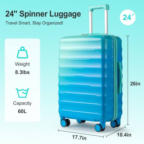 24" Spinner Luggage  
Travel Smart, Stay Organized!  

Weight: 8.3lbs  
Capacity: 60L  

Dimensions:  
- Height: 26in  
- Width: 17.7in  
- Depth: 10.4in