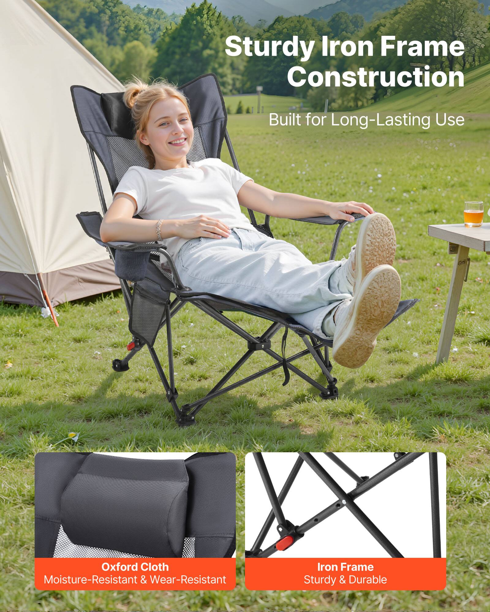 Sturdy Iron Frame Construction  
Built for Long-Lasting Use  

Oxford Cloth  
Moisture-Resistant & Wear-Resistant  

Iron Frame  
Sturdy & Durable