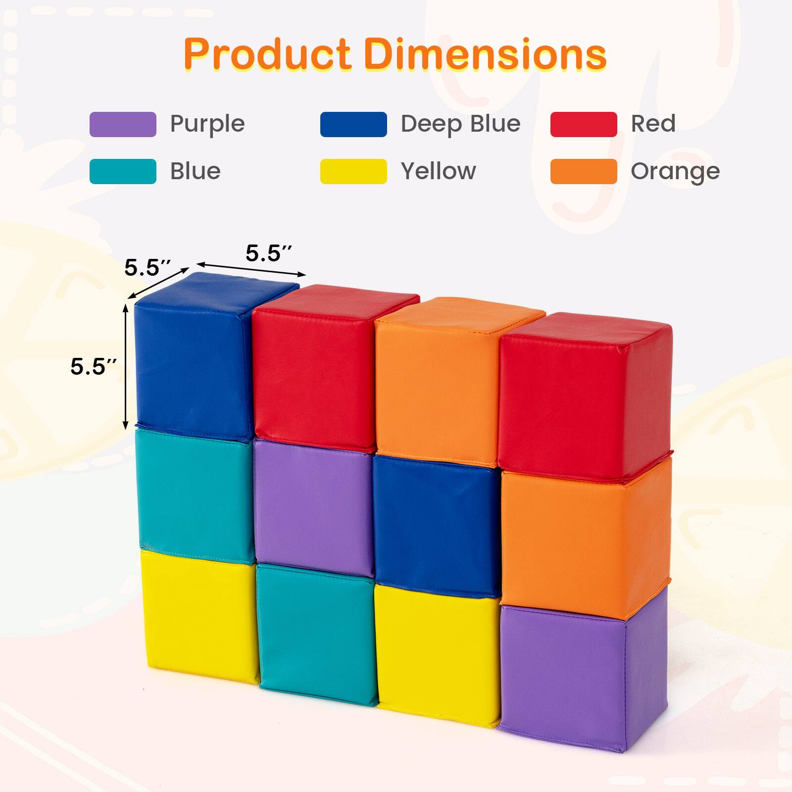 Product Dimensions:  
- Purple  
- Deep Blue  
- Red  
- Blue  
- Yellow  
- Orange  

Each cube measures 5.5" x 5.5" x 5.5".