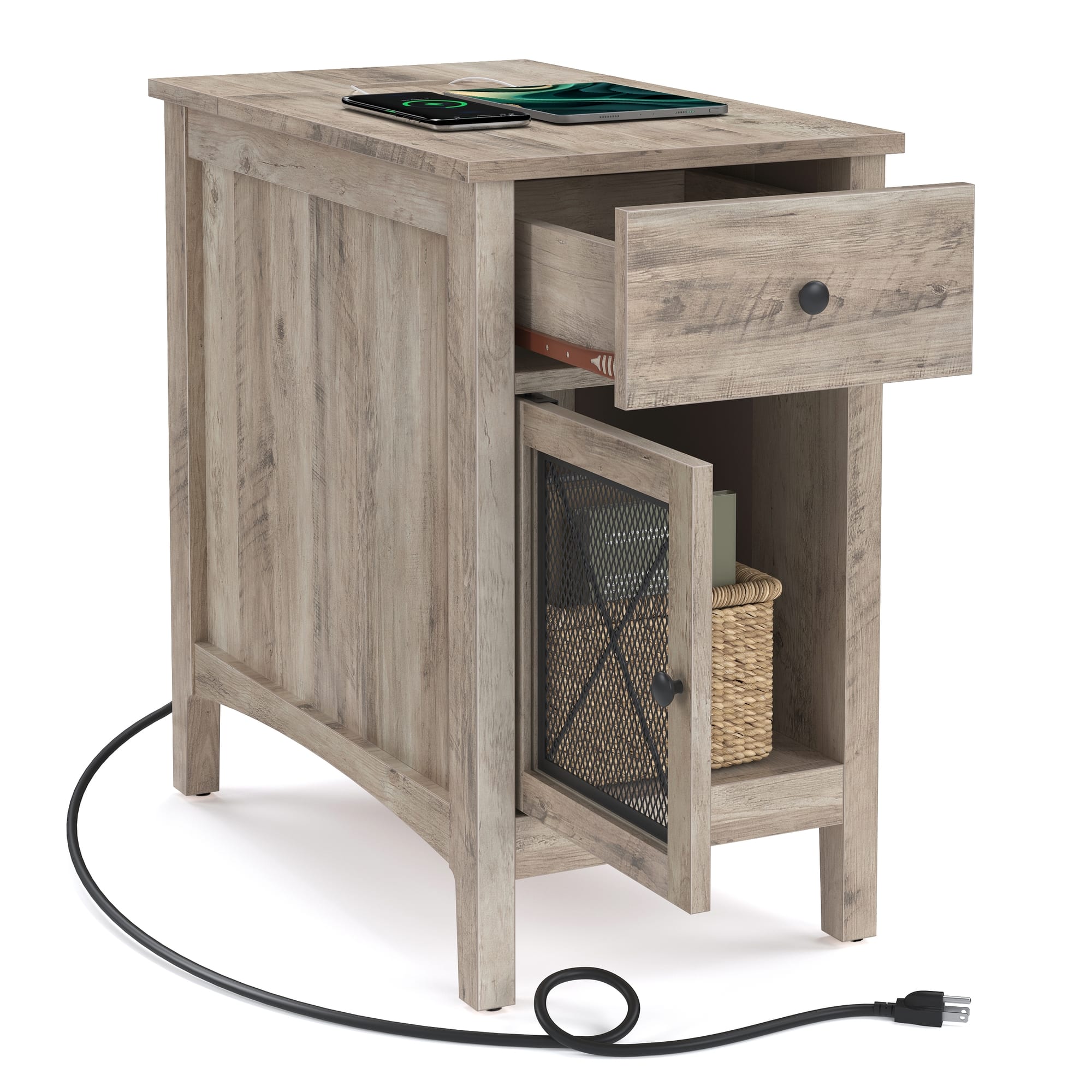 Songmics Home - Side Table with Storage, End Table with USB Ports and Outlets, Nightstand with Charging Station, Drawer, Storage Cabinet - Greige