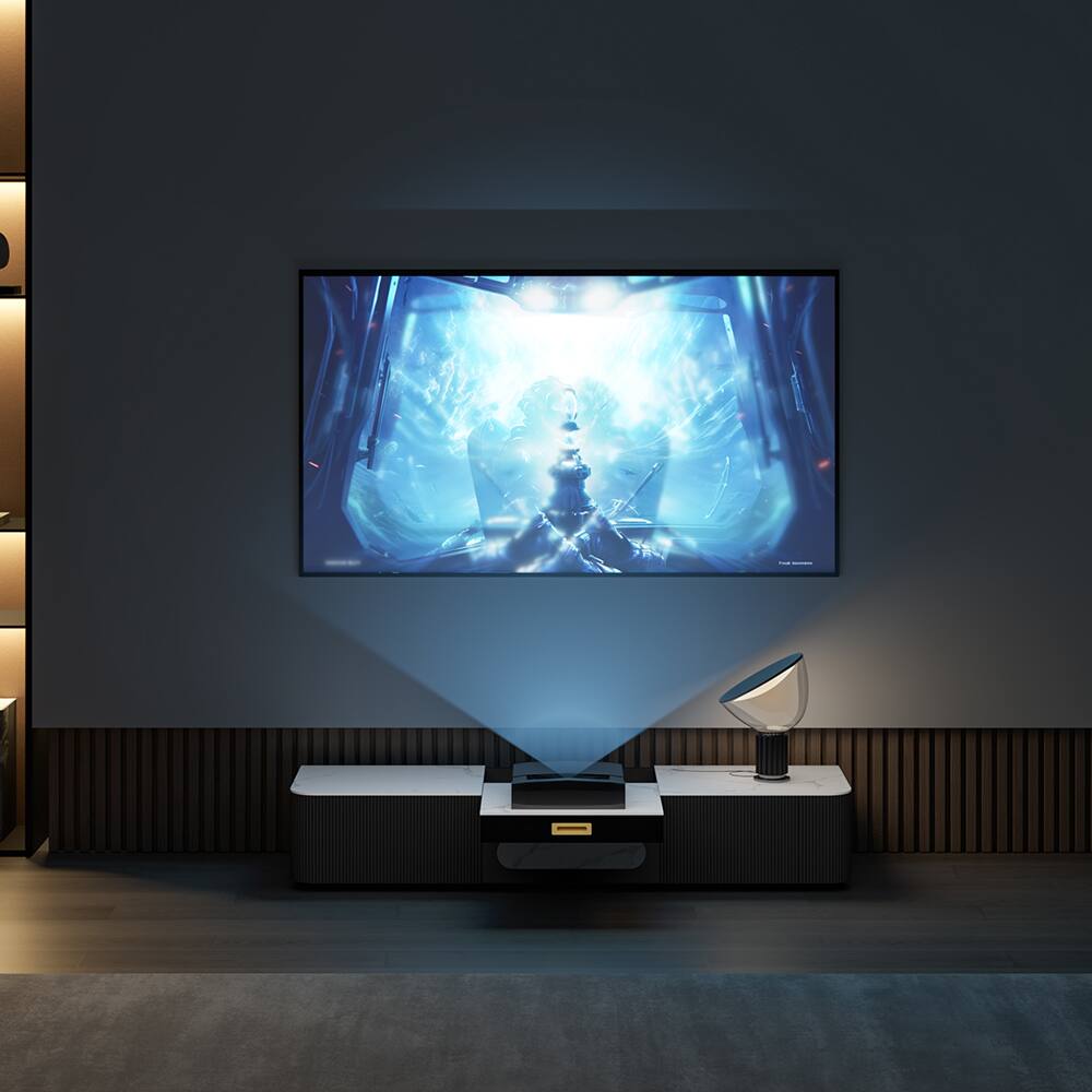 Angle. POVISON - 63" Modern TV Stand for Projector Sintered Stone TV Cabinet with Drawers for Home Theater, Black & White - White & Black.