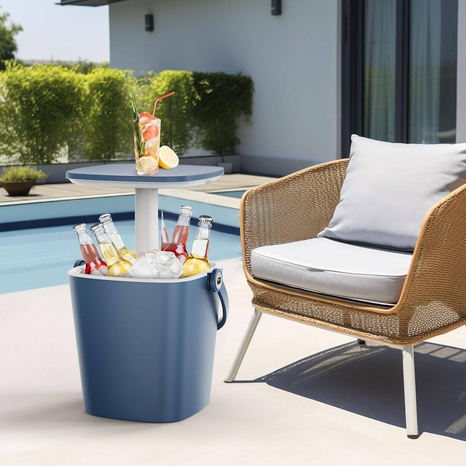 Angle. Yardgrace - Outdoor Cooler Side Table, Drink Cooler Bar, Portable Ice Bucket, Lift Top  Lid Cool with Handle - Blue.