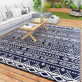 Outsunny - Outdoor Rug for Patio, 8' x 10' Waterproof Large Mat, Reversible Plastic Straw Rug for Décor - Blue and White Geometric