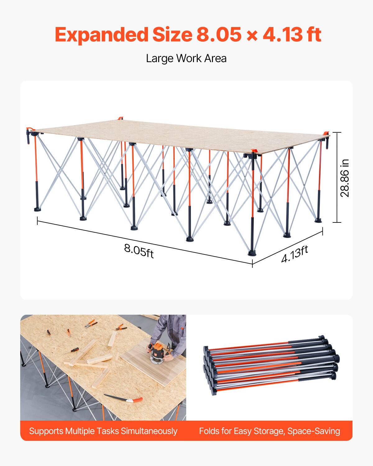 Expanded Size 8.05 x 4.13 ft  
Large Work Area  

Supports Multiple Tasks Simultaneously  
Folds for Easy Storage, Space-Saving