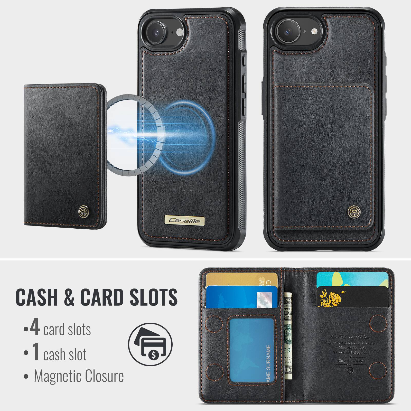Caselle CASH & CARD SLOTS  
4 card slots  
1 cash slot  
Magnetic Closure  

PI SURNAME AME  
1 29 2 aete AEar EAT x2R 5N  
ToKY  
EXAS  
2e20