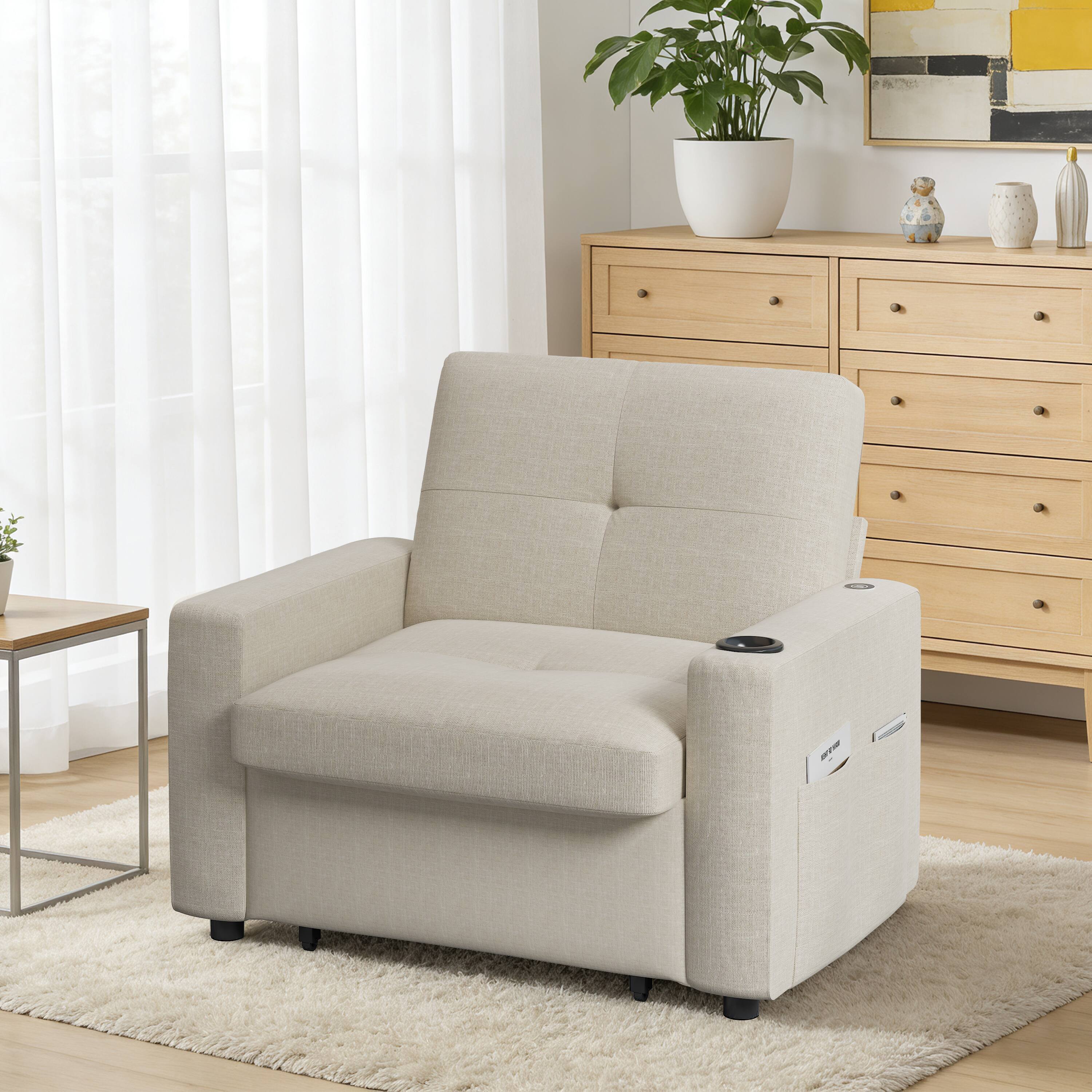 Angle. Dyonery - Sleeper Sofa Bed Chair, 3-in-1 Convertible Reclining Sofa Chair with Pull Out Couch Bed, Adjustable Backrest - Beige.