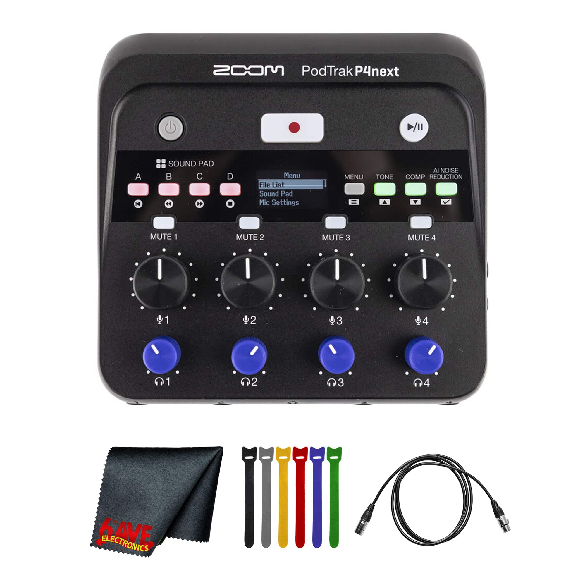 Zoom - PodTrak P4next Podcast Recorder, Battery Powered, 4 Microphone Inputs, 4 Headphone Outputs, AI Noise Reduction, Ton