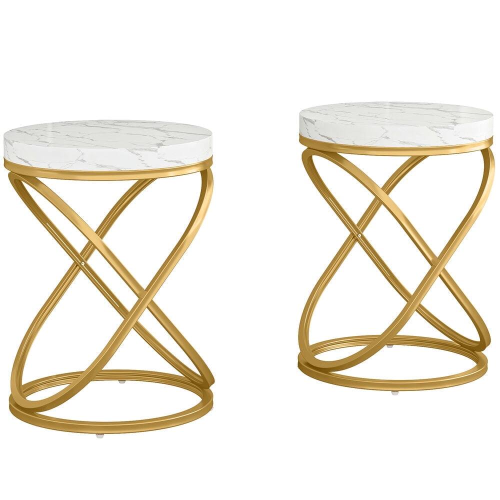 Angle. Resenkos - Kadyn Sofa Side End Table,Couch Table,Round 26" Tall Sofa Side Table with Faux Marble Top,White & Gold - White.