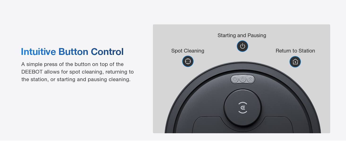 Intuitive Button Control

A simple press of the button on top of the DEEBOT allows for spot cleaning, returning to the station, or starting and pausing cleaning.