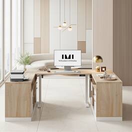 ModernMate - Home Office Furniture Set, 86" U Shaped Executive Standing Desk with File Cabinets - Light Walnut