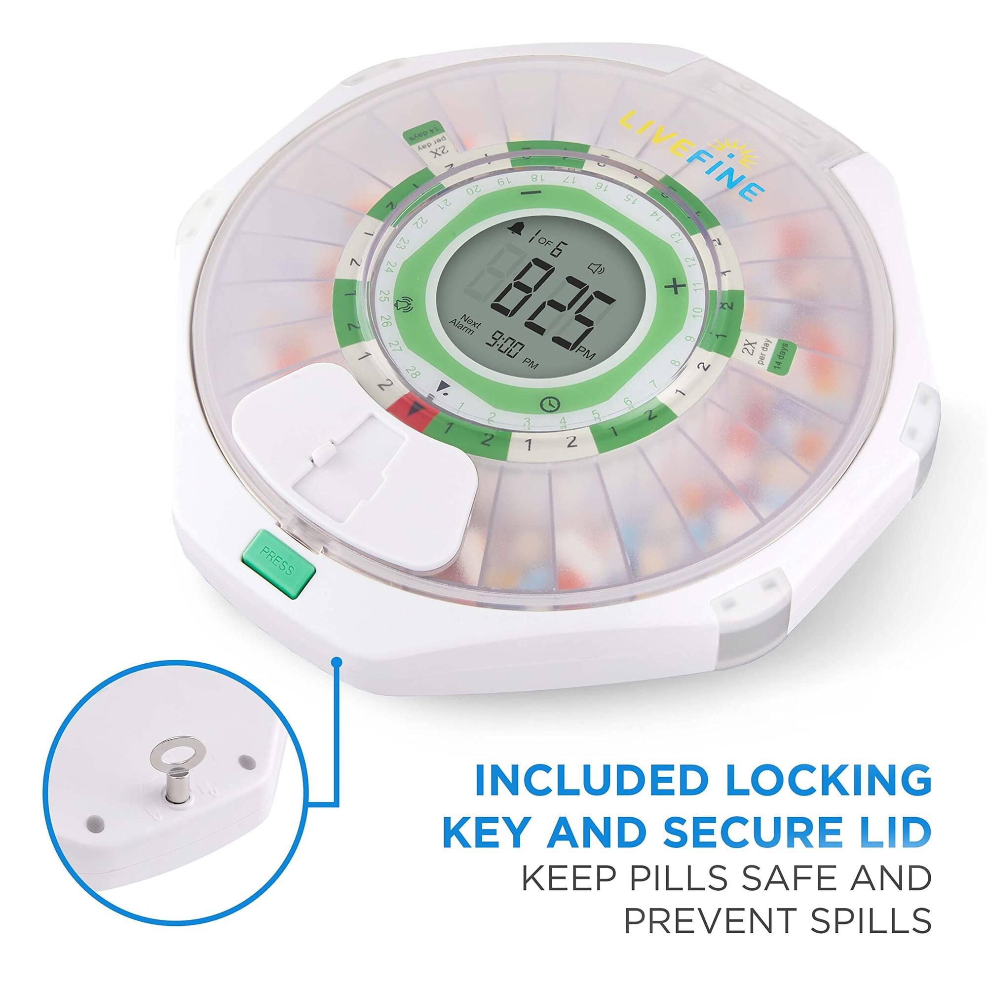 LIVEFINE

1 of 5

8:25 PM

Next Alarm 9:00 PM

INCLUDED LOCKING KEY AND SECURE LID
KEEP PILLS SAFE AND PREVENT SPILLS