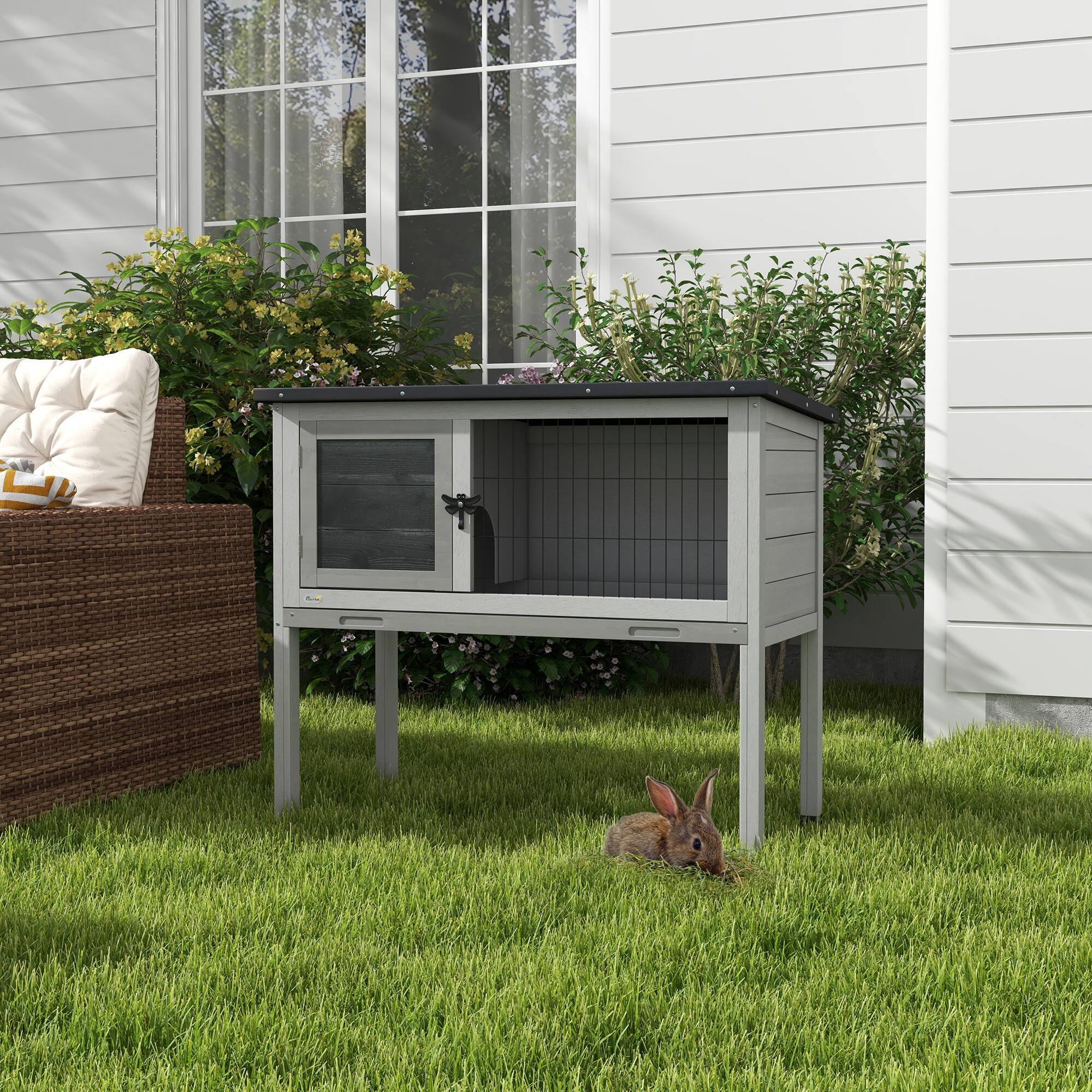 Alt View 1. Pawhut - Rabbit Hutch, Wooden Bunny Cage with Hinged Asphalt Roof and Removable Tray - Gray.