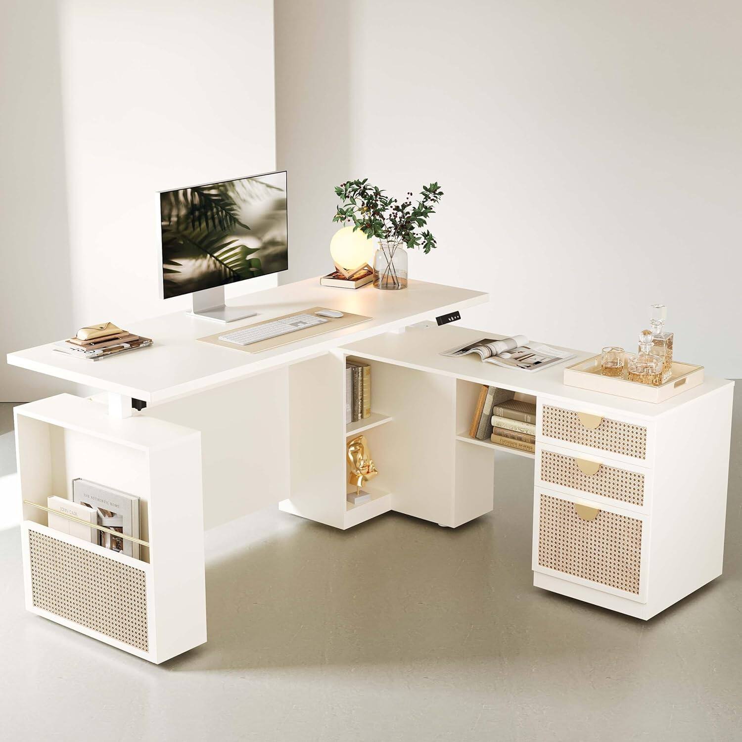 Alt View 6. ModernMate - 63" Executive L Shaped Height Adjustable Desk File Cabinet, Privacy Panel, AC/USB, White Rattan - White Rattan.