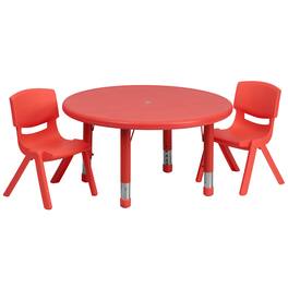 Emma + Oliver - 33" Round Plastic Height Adjustable Activity Table Set with 2 Chairs - Red