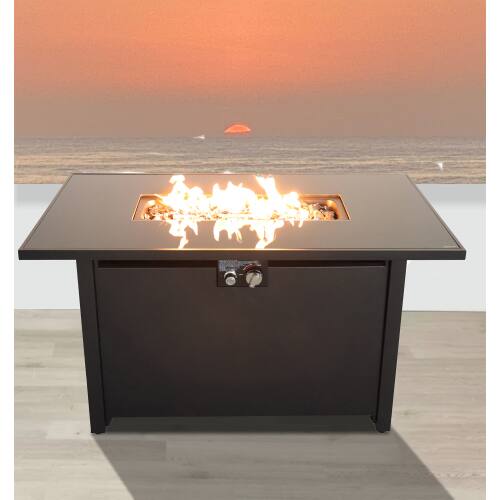 Front. Siljoy - 25"H x 42"W Steel Outdoor Fire Pit Table with Protective Lid.