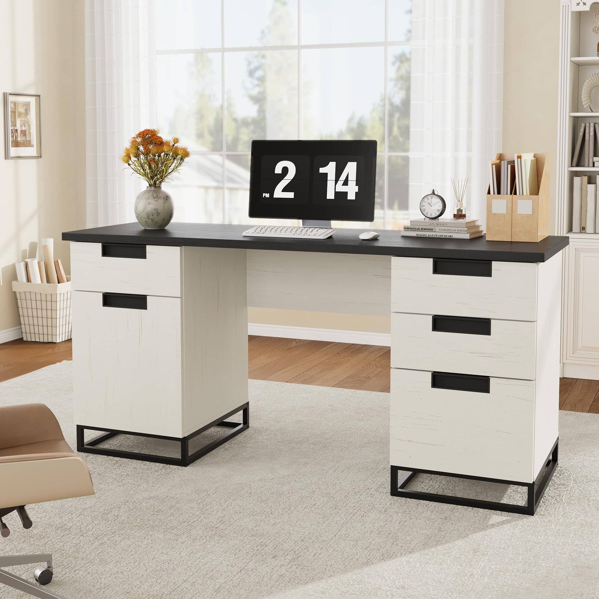 Jojoka - 59" Farmhouse Executive Desk, Home Office Desk with File Drawer and Storage Cabinet - White and Black