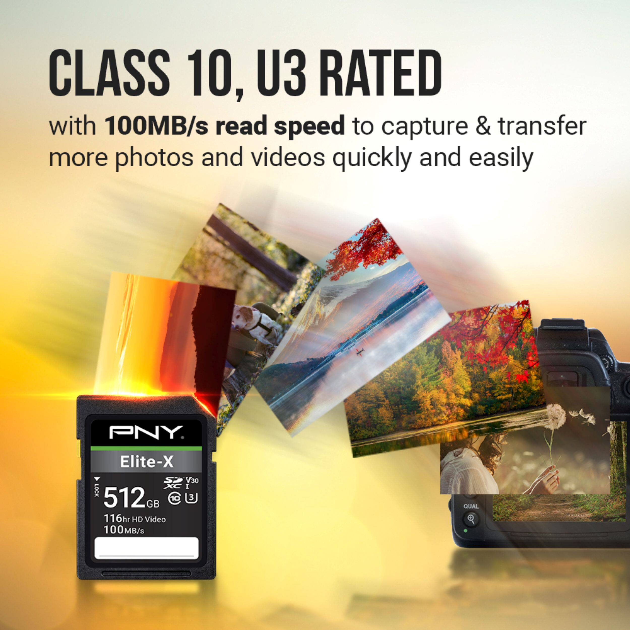 CLASS 10, U3 RATED with 100MB/s read speed to capture & transfer more photos and videos quickly and easily

PNY
Elite-X ST V30 XC I LOCK 512.68 10 3 GB 116hr HD Video 100MB/s

QUAL