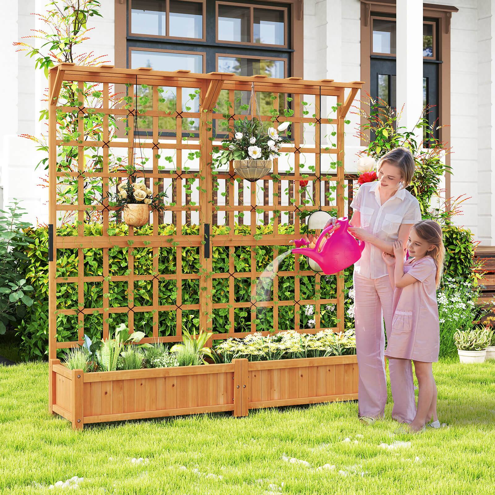 Alt View 3. Costway - Costway 71" Large Wooden Planter Container with Trellis, Hanging Roof 4 Drainage Holes - Beige.