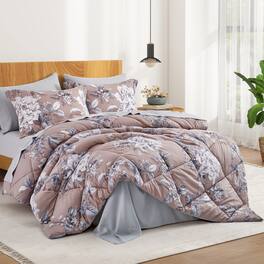 Peace Nest - 7pc Floral Printed Reversible Comforter & Sheets Set - Camel