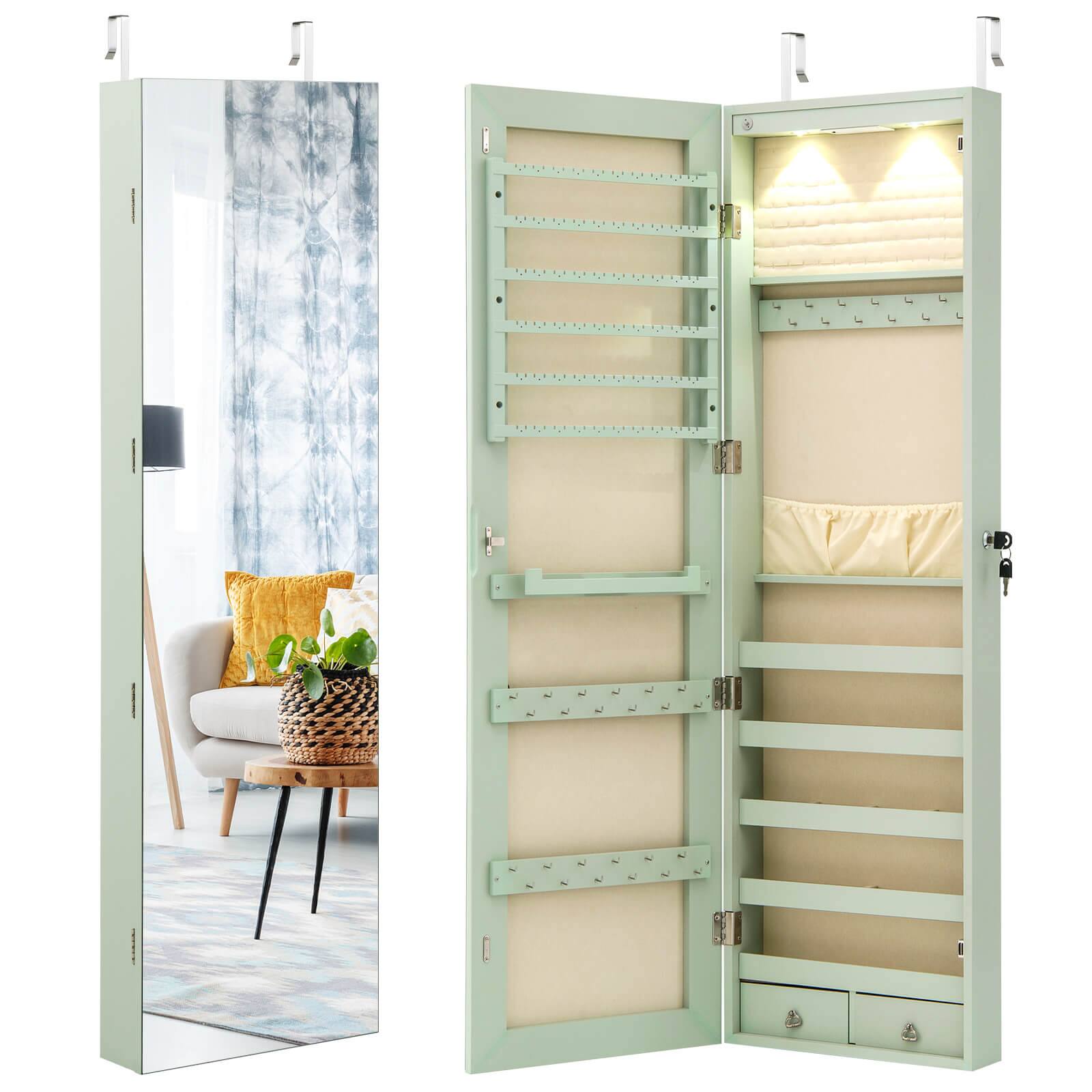 Alt View 9. Costway - Costway Mirrored Wall & Door Mounted Jewelry Cabinet Storage Organizer with Lights&Drawer - Green.