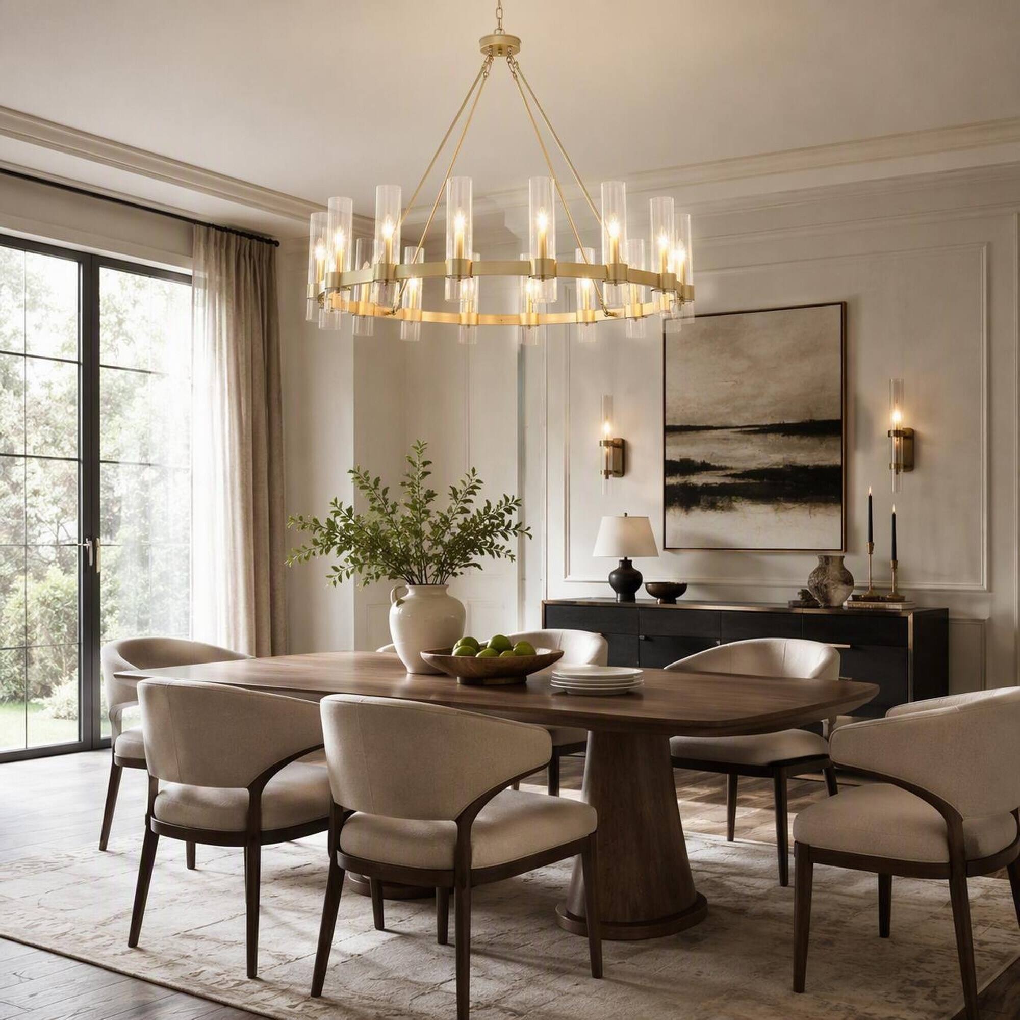 Left. RYHNUYNE - 47.24-Inch Gold Wagon Wheel Chandelier with 16 Lights, Seeded Glass Shades, Adjustable Chain for Dining Room.