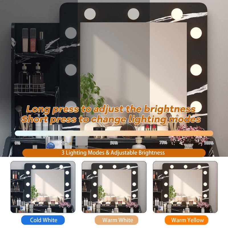 Long press to adjust the brightness  
Short press to change lighting modes  

3 Lighting Modes & Adjustable Brightness  
0% 25% 50% 75% 100%  

Cold White  
Warm White  
Warm Yellow