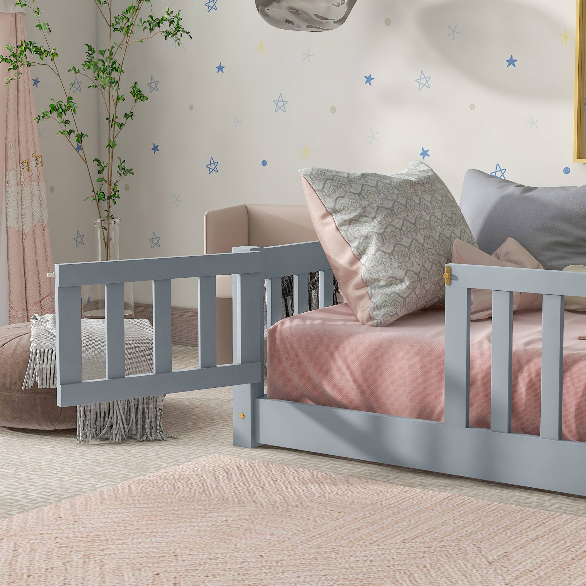 Back. GOODSILO - Twin Size Low-Profile Children's Floor Bed with Safety Guardrails and Entry Door, Natural Wood Finish - Grey.