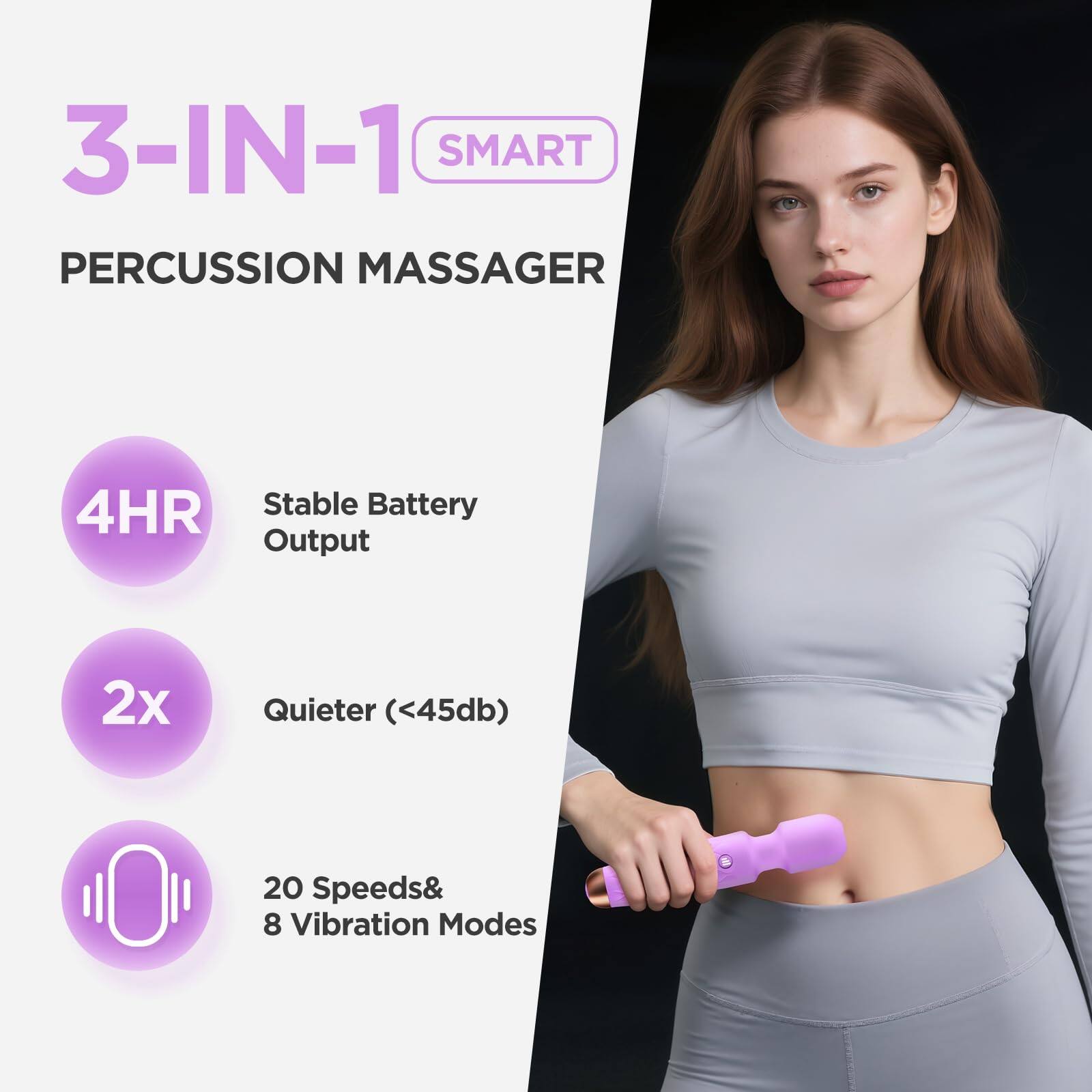 3-IN-1 SMART PERCUSSION MASSAGER

- 4HR Stable Battery Output
- 2x Quieter (<45db)
- 20 Speeds & 8 Vibration Modes