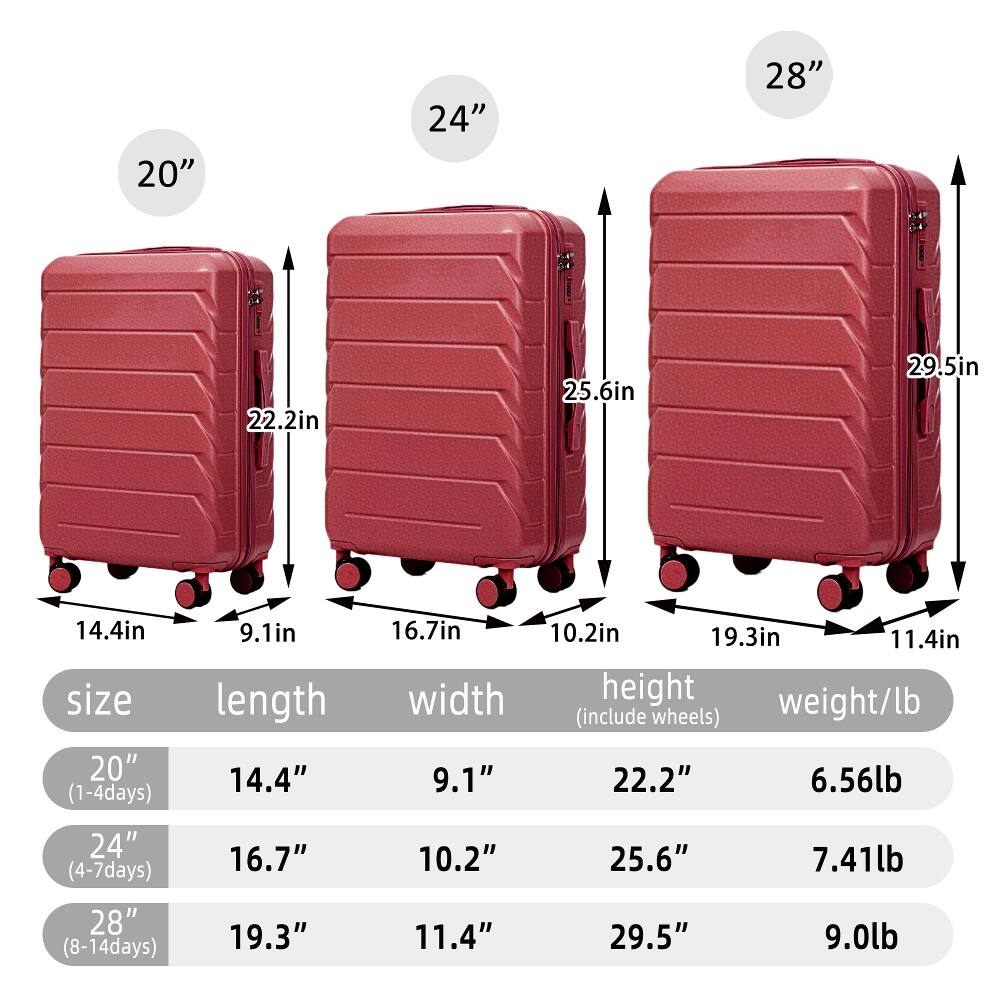 20"  
24"  
28"  
22.2in  
25.6in  
29.5in  
14.4in  
9.1in  
16.7in  
10.2in  
19.3in  
11.4in  
size 20" (1-4days)  
length 14.4"  
width 9.1"  
height 22.2" (include wheels) 6.56lb  
24" (4-7days)  
28" (8-14days)  
16.7"  
10.2"  
19.3"  
11.4"  
25.6"  
29.5"  
7.41lb  
9.0lb