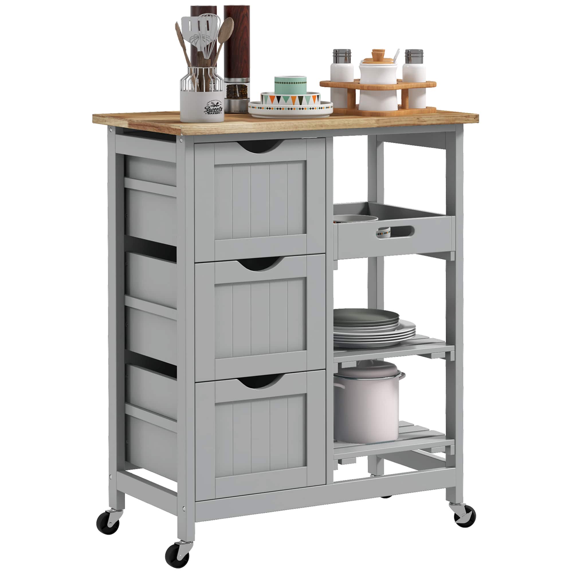 Front. Homcom - Rolling Kitchen Island Cart, Bar Serving Cart, Compact Trolley on Wheels with Wood Top, Shelves & Drawers for Dining - Gray.
