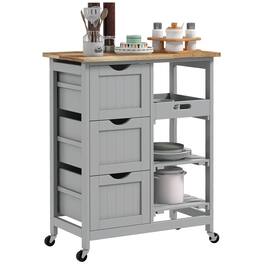 Homcom - Rolling Kitchen Island Cart, Bar Serving Cart, Compact Trolley on Wheels with Wood Top, Shelves & Drawers for Dining - Gray