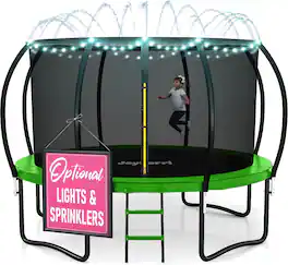 JoyBerri - 14ft Outdoor Trampoline with Enclosure Net LED Lights Sprinkler Ladder for Kids and Adults