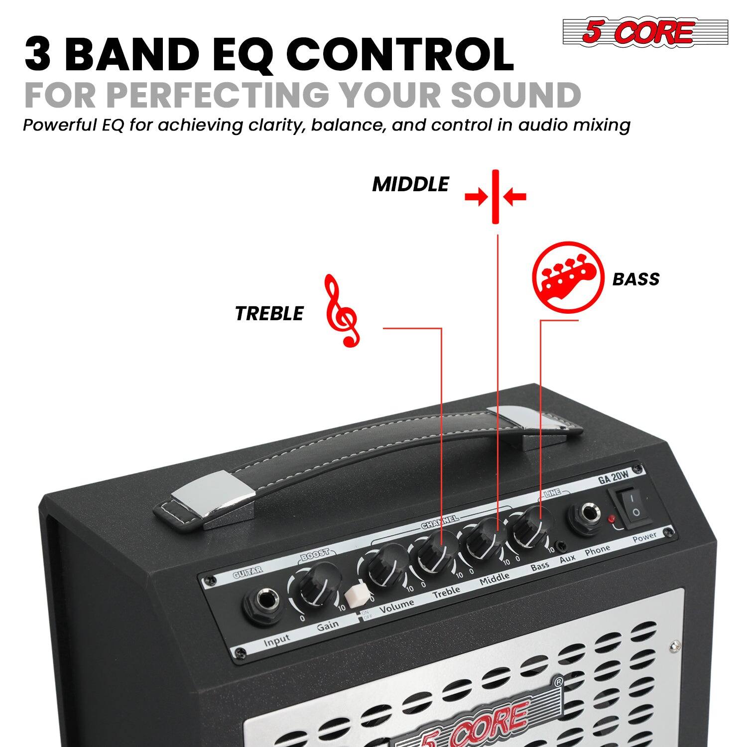 5 CORE

3 BAND EQ CONTROL FOR PERFECTING YOUR SOUND

Powerful EQ for achieving clarity, balance, and control in audio mixing

MIDDLE

TREBLE

BASS

Gain Input Volume Treble Middle Bass Aux Phone Power

5 CORE